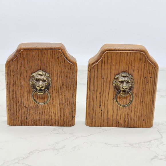 Unbranded Other - Vintage Bookends With Brass Lion Head Ring Accents Oak Wood Library Decor MCM